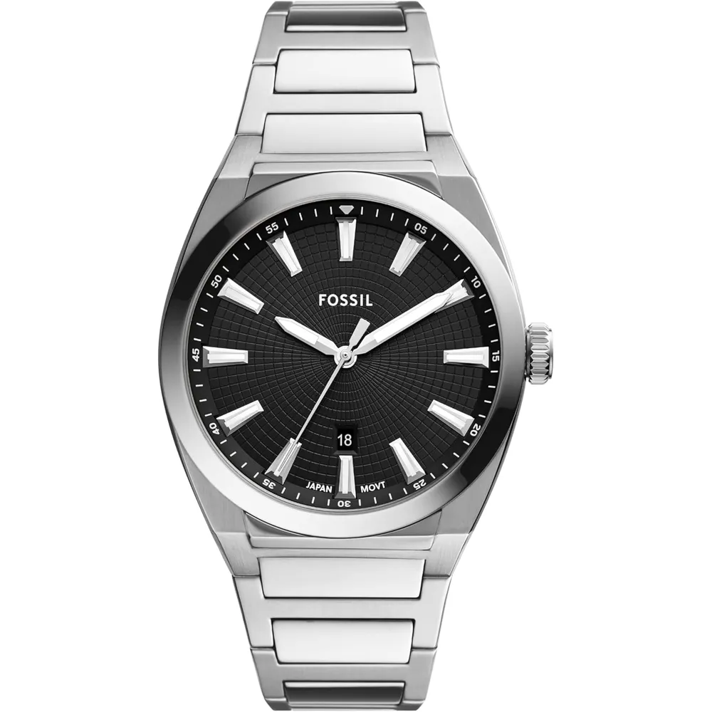 Fossil reloj de cuarzo Everett para hombre, acero inoxidable | Negro/ Plata