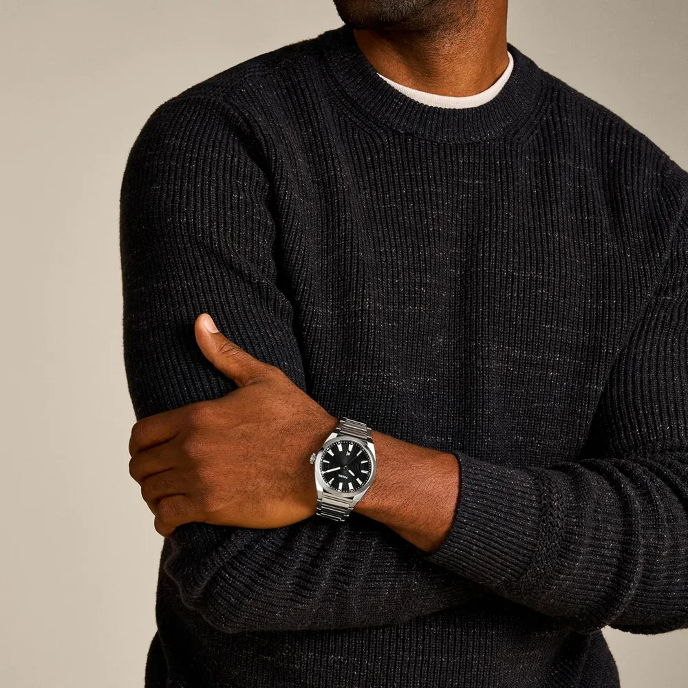 Fossil reloj de cuarzo Everett para hombre, acero inoxidable | Negro/ Plata