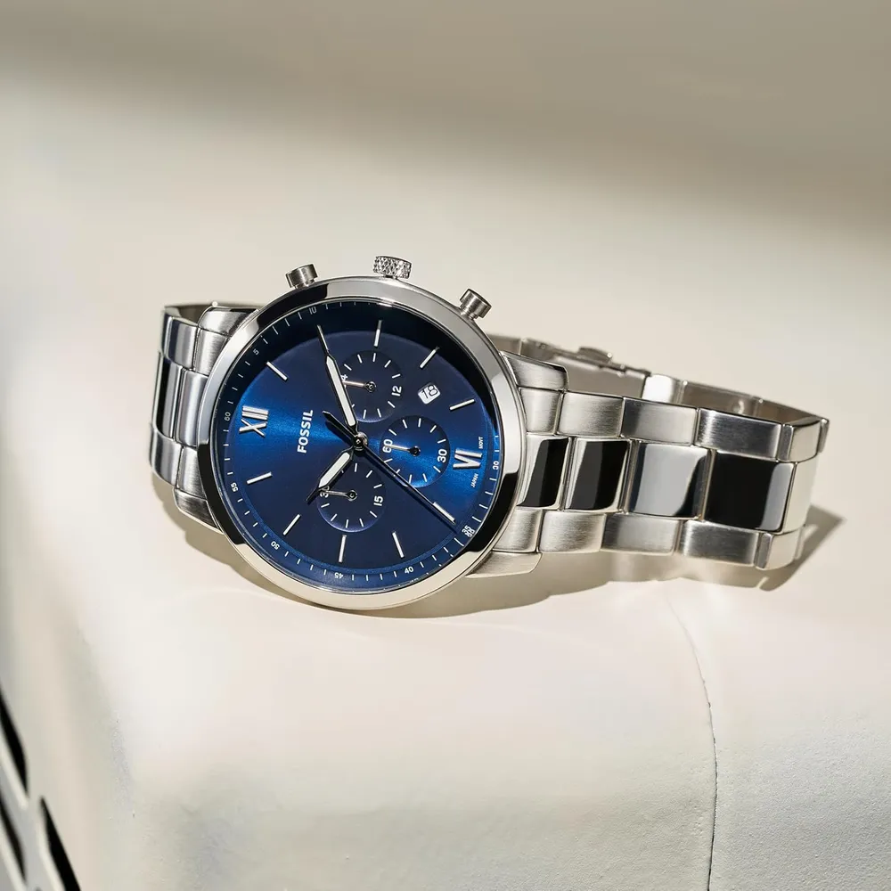 Fossil reloj cronógrafo Neutra de cuarzo para hombre, acero 44 mm | Plata/ Azul