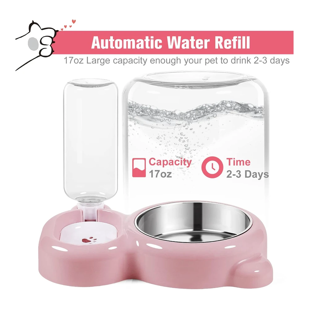 Azwraith Juego de Cuencos para Perros - Comida y Agua para Gatos con Dispensador de Agua y Cuenco de Acero Inoxidable para Gatos y Perros Pequeños - Color Rosa