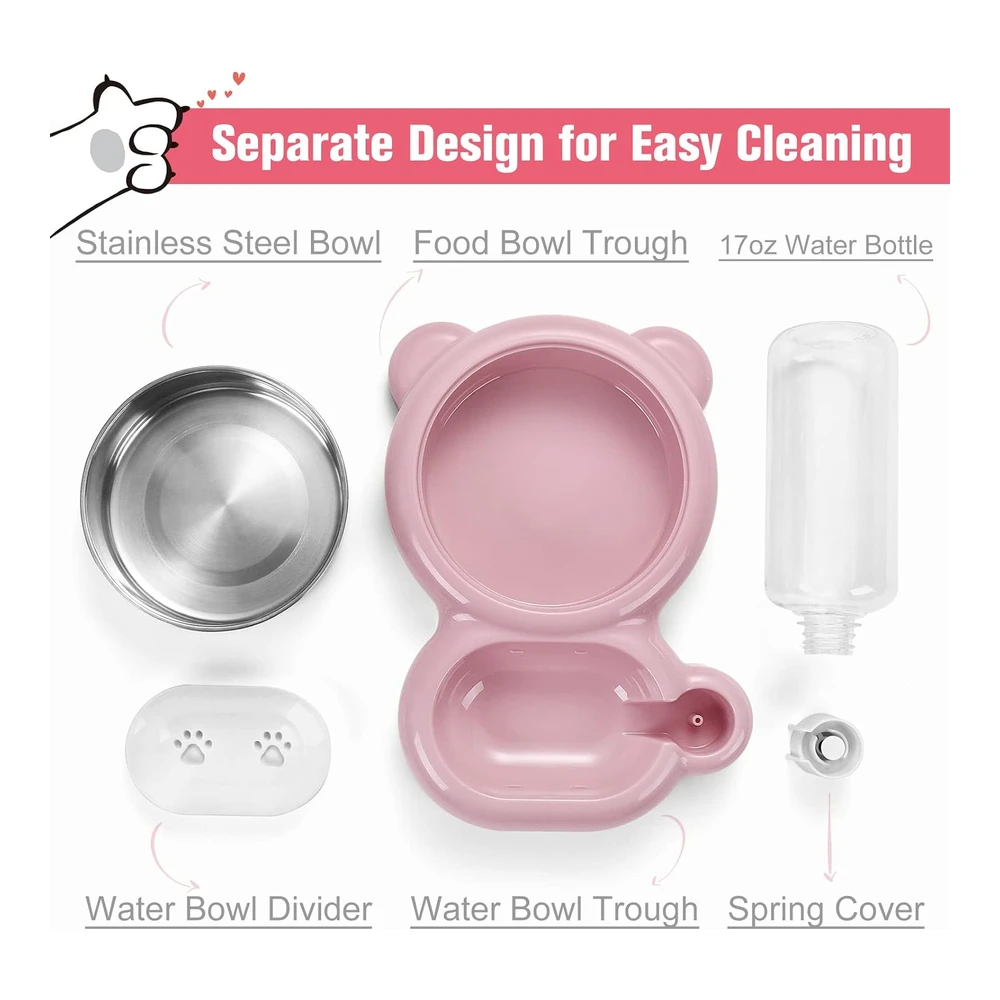 Azwraith Juego de Cuencos para Perros - Comida y Agua para Gatos con Dispensador de Agua y Cuenco de Acero Inoxidable para Gatos y Perros Pequeños - Color Rosa