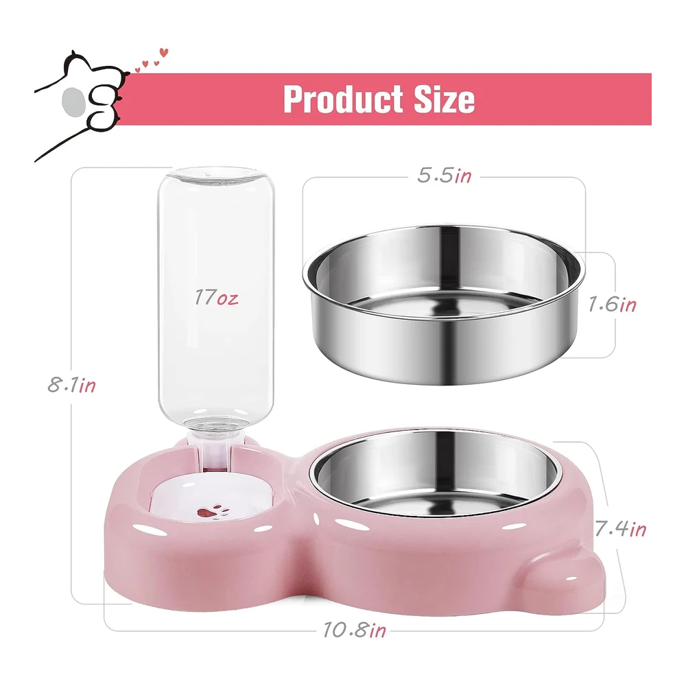 Azwraith Juego de Cuencos para Perros - Comida y Agua para Gatos con Dispensador de Agua y Cuenco de Acero Inoxidable para Gatos y Perros Pequeños - Color Rosa