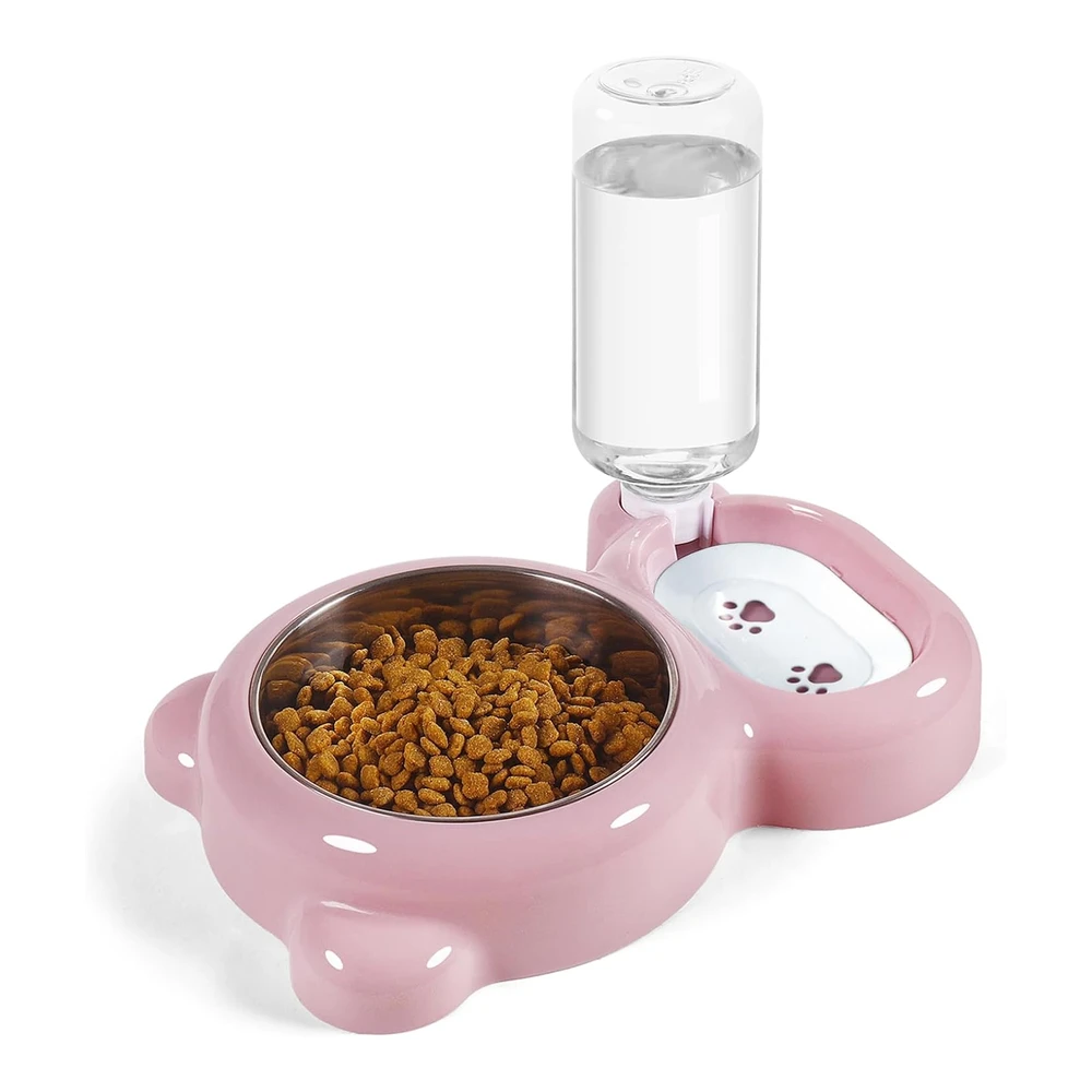 Azwraith Juego de Cuencos para Perros - Comida y Agua para Gatos con Dispensador de Agua y Cuenco de Acero Inoxidable para Gatos y Perros Pequeños - Color Rosa