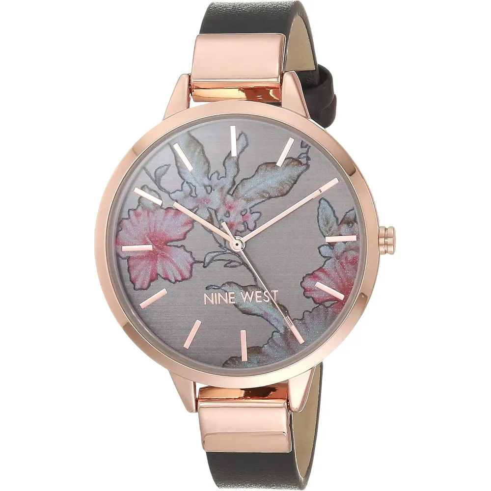Nine West NW-2044FLBY reloj con esfera decorada y correa lisa para mujer | 38 mm - Gris/Oro rosa