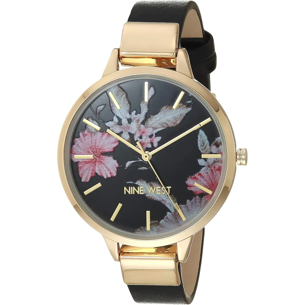 Nine West NW-2044FLBY reloj con esfera decorada y correa lisa para mujer | 38 mm - Negro/Oro