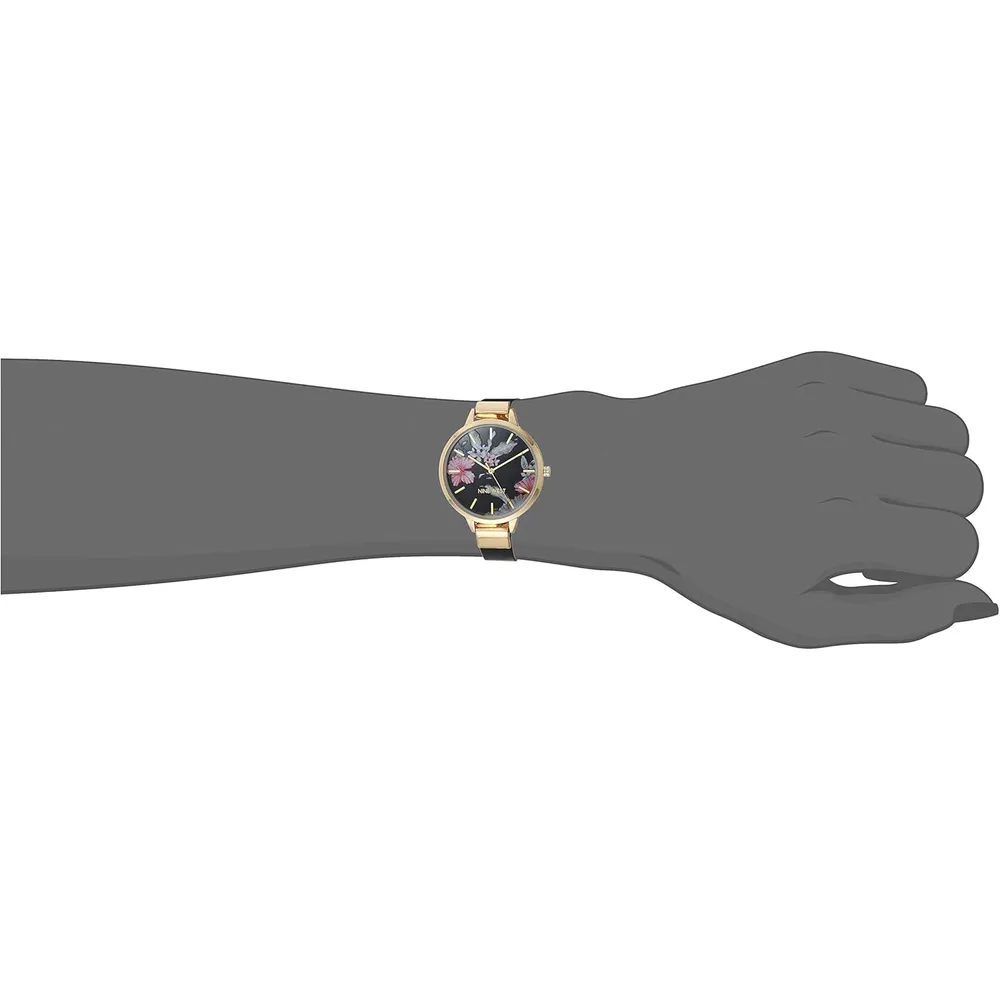 Nine West NW-2044FLBY reloj con esfera decorada y correa lisa para mujer | 38 mm - Negro/Oro