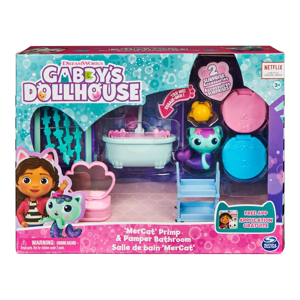Gabby's Dollhouse - Primp And Pamper - Baño con Figura de Mercat - 3 Accesorios - 3 Muebles y 2 Entregas