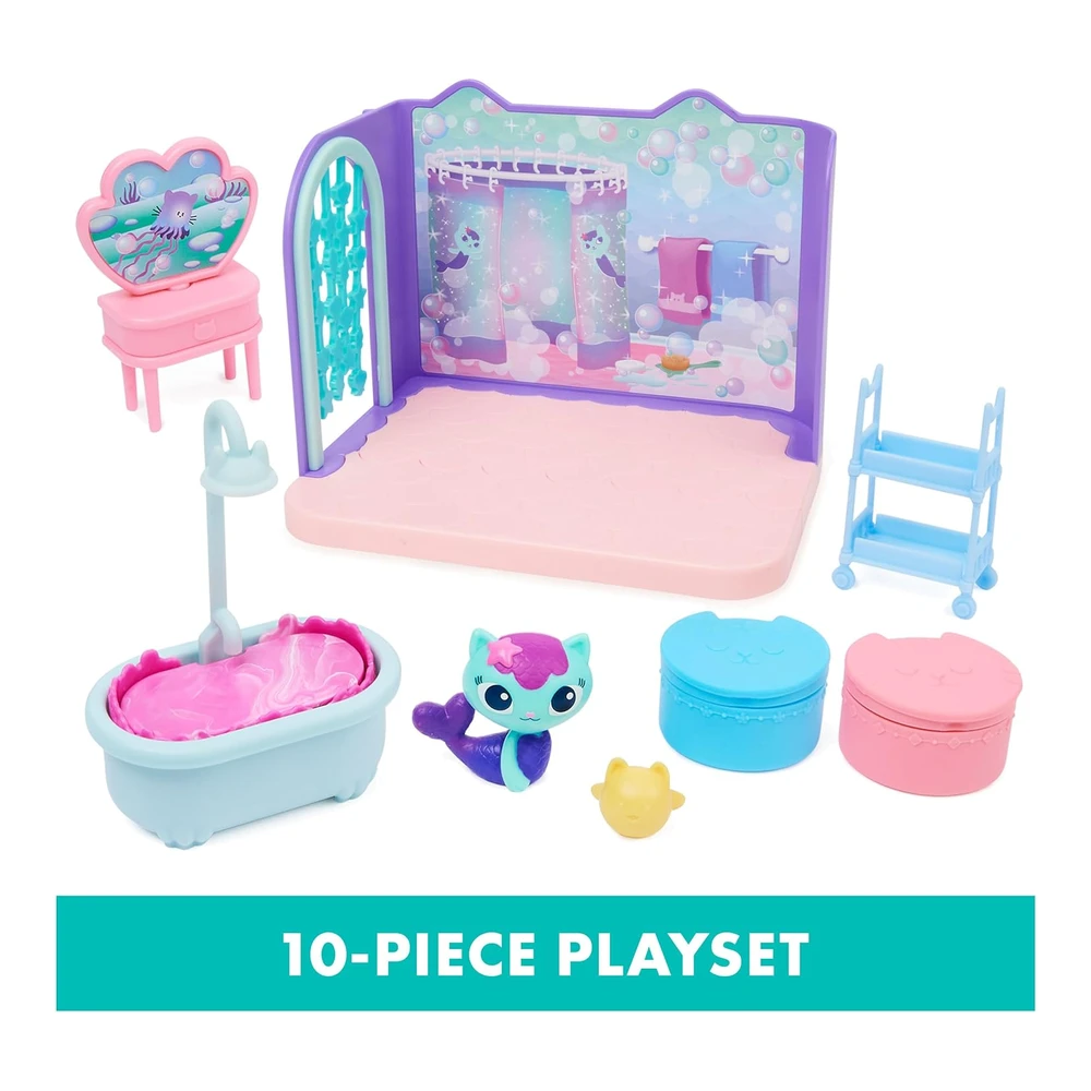 Gabby's Dollhouse - Primp And Pamper - Baño con Figura de Mercat - 3 Accesorios - 3 Muebles y 2 Entregas
