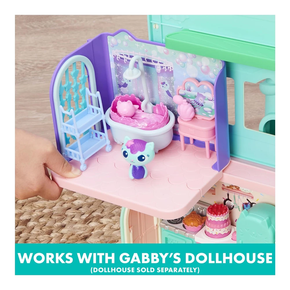 Gabby's Dollhouse - Primp And Pamper - Baño con Figura de Mercat - 3 Accesorios - 3 Muebles y 2 Entregas