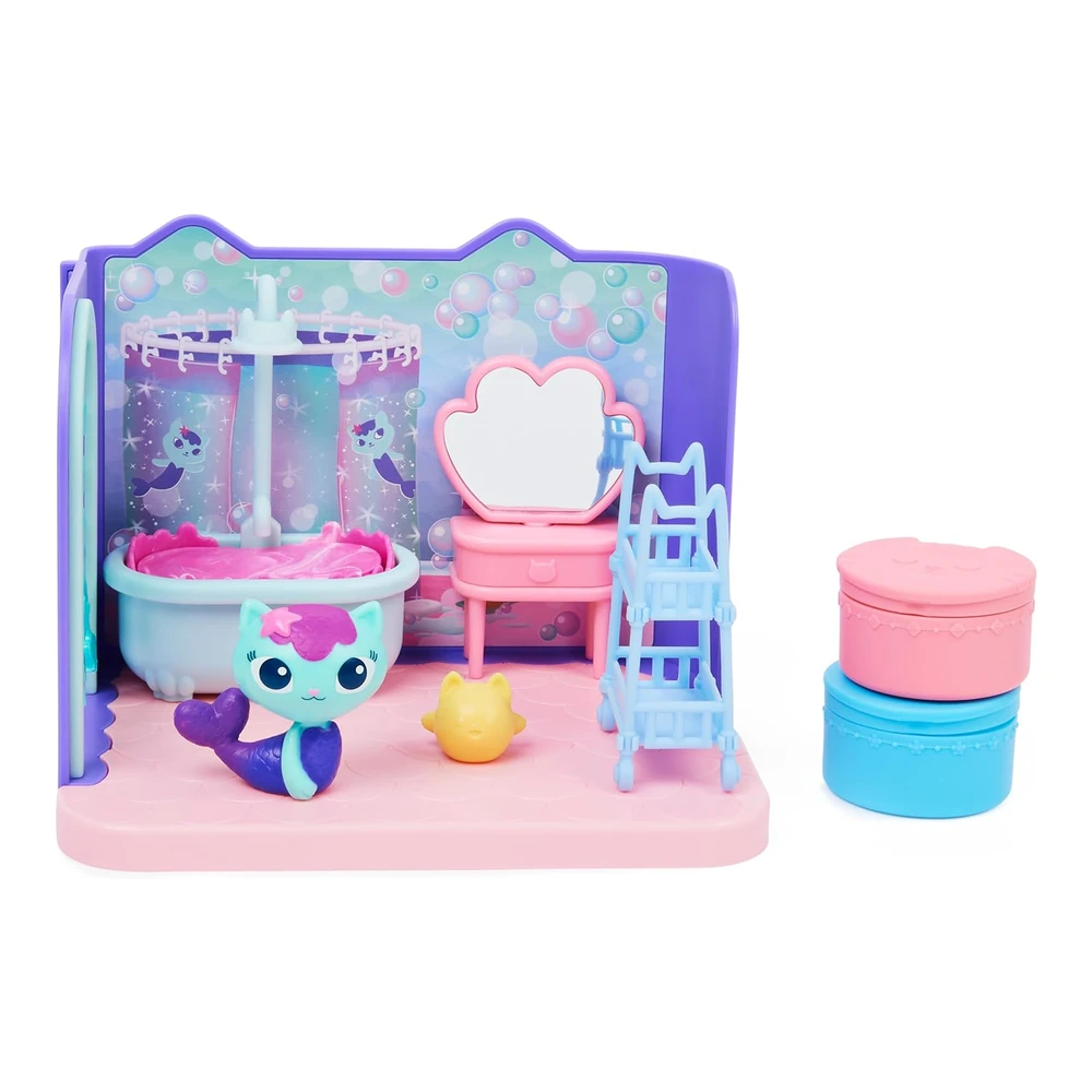 Gabby's Dollhouse - Primp And Pamper - Baño con Figura de Mercat - 3 Accesorios - 3 Muebles y 2 Entregas