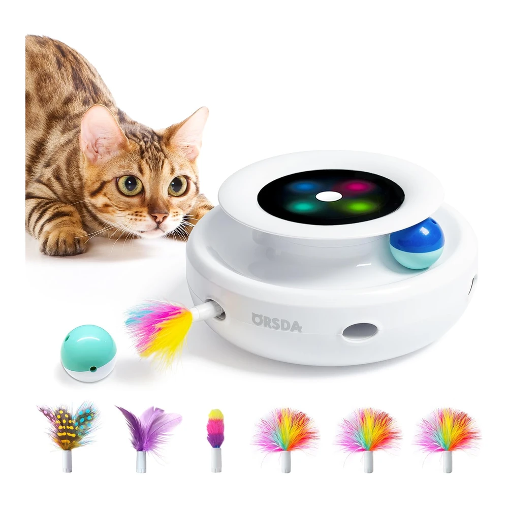 Orsda Juguetes para Gatos 2 En 1 Juguetes Interactivos Temporizador de Encendido / Apagado Bolas de Juguete y Plumas | Multicolor