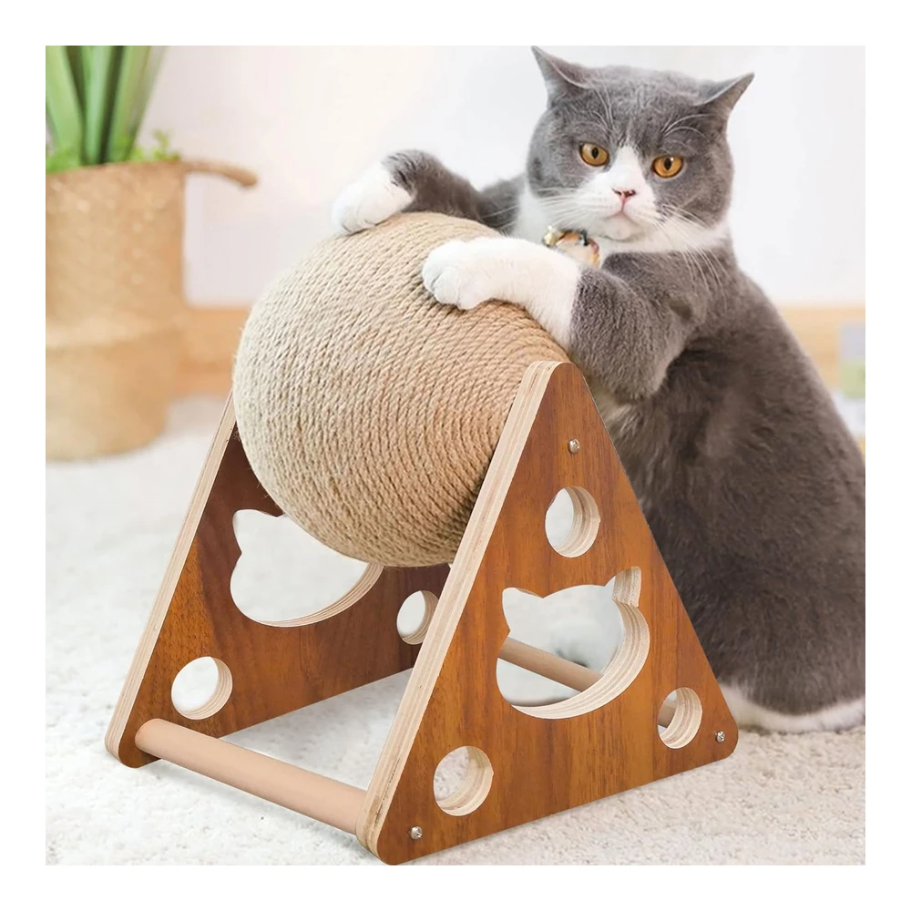 Agym Pelota Rascadora para Gatos de Sisal Natural Juguete Interactivo de Madera Maciza para Mascotas Diámetro 6.5" | Multicolor