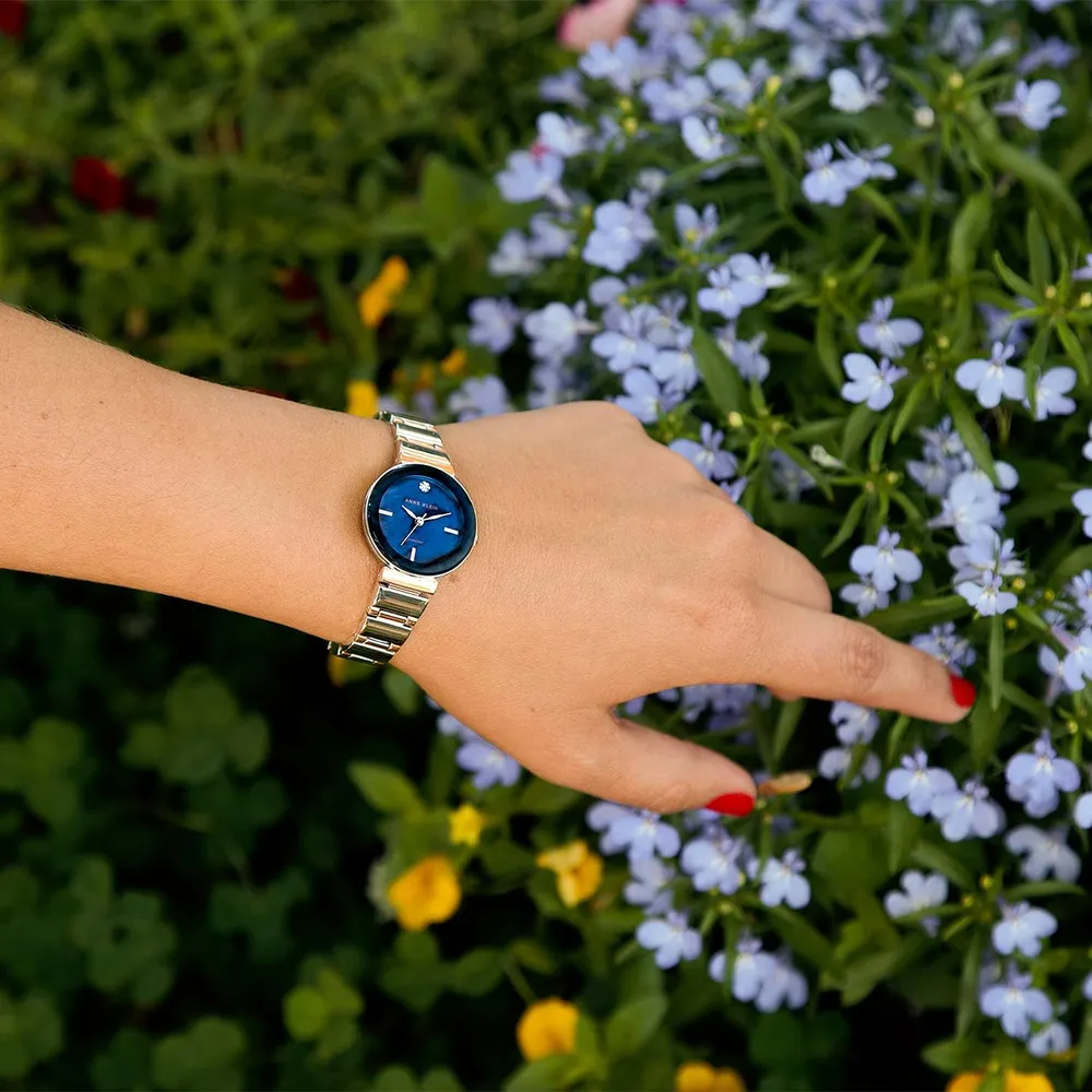 Anne Klein AK/2434EMGB reloj con diamante verdadero y pulsera para mujer | 28 mm - Plata/oro rosa/azul marino