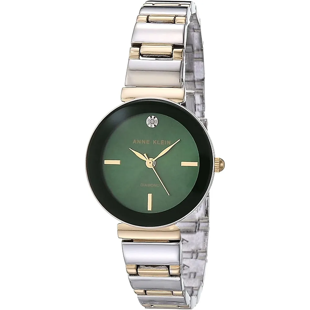 Anne Klein AK/2434EMGB reloj con diamante verdadero y pulsera para mujer | 28 mm - Plateado/Dorado/verde