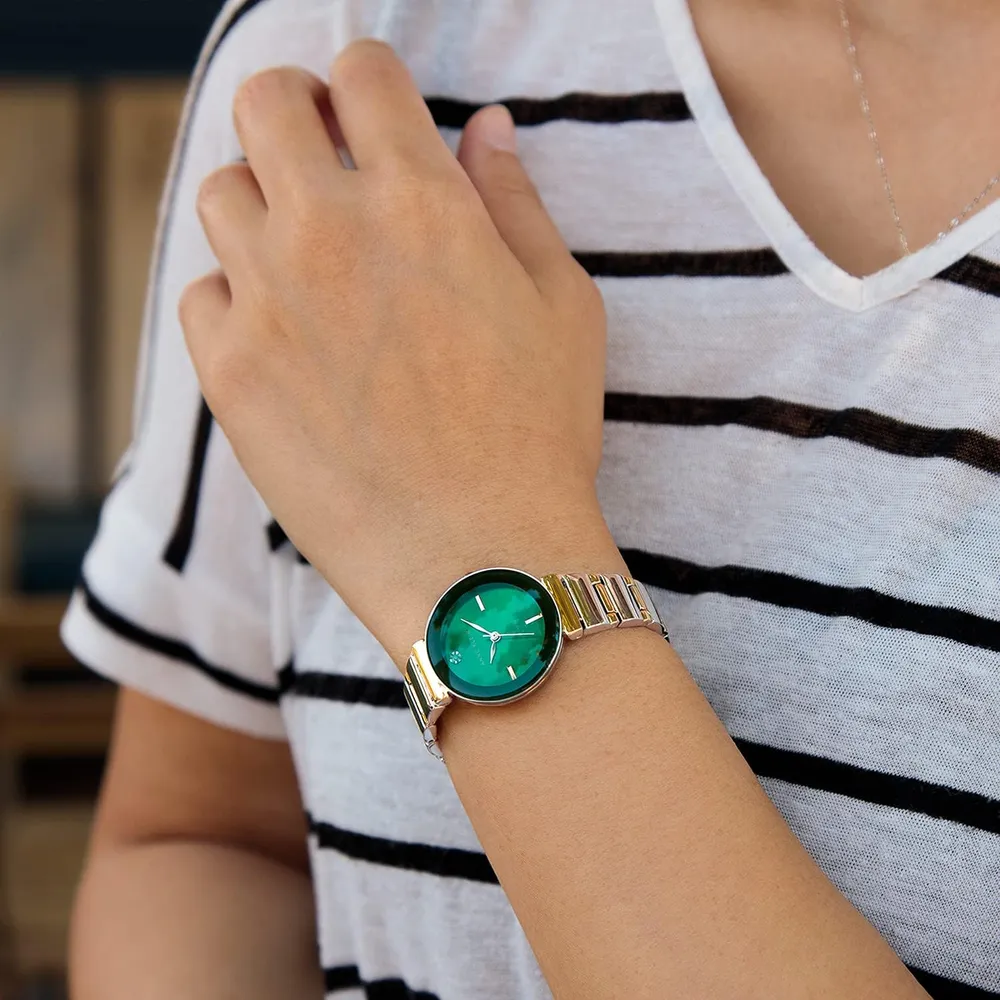 Anne Klein AK/2434EMGB reloj con diamante verdadero y pulsera para mujer | 28 mm - Plateado/Dorado/verde