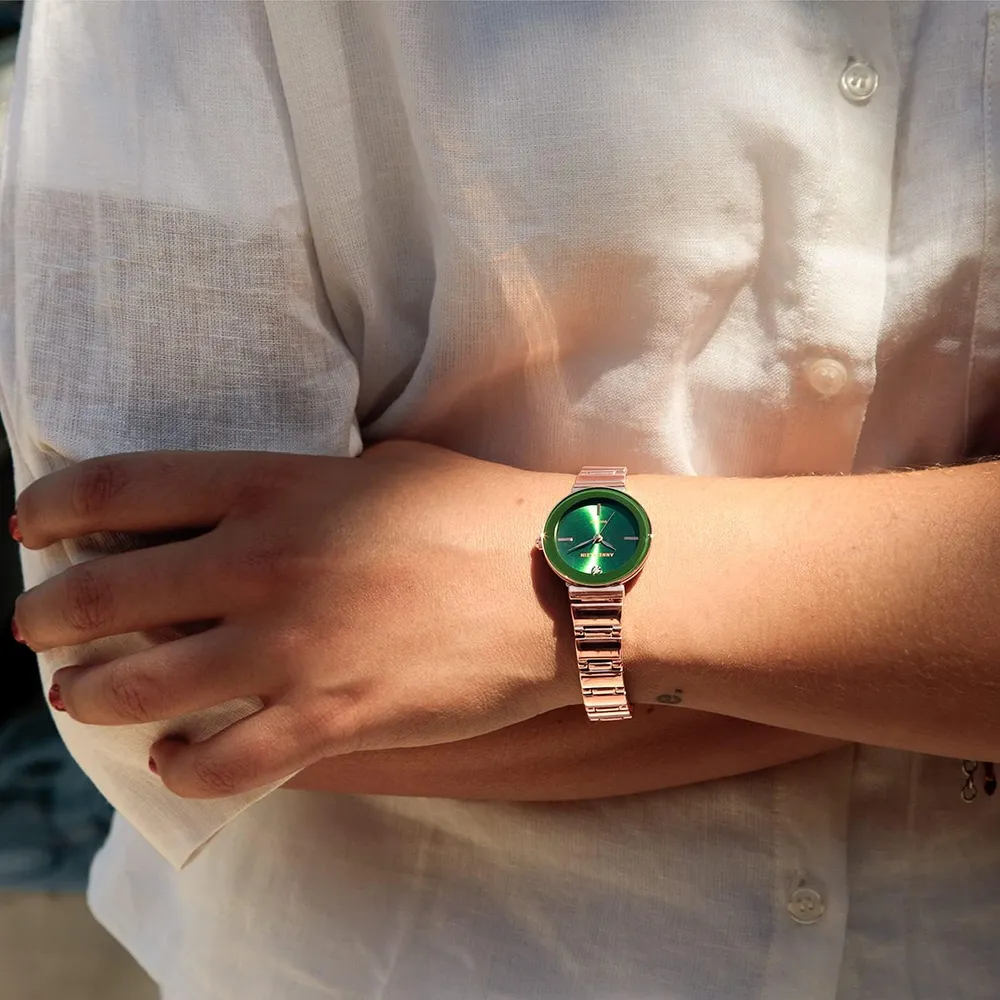 Anne Klein AK/2434EMGB reloj con diamante verdadero y pulsera para mujer | 28 mm - Oro rosa/verde.