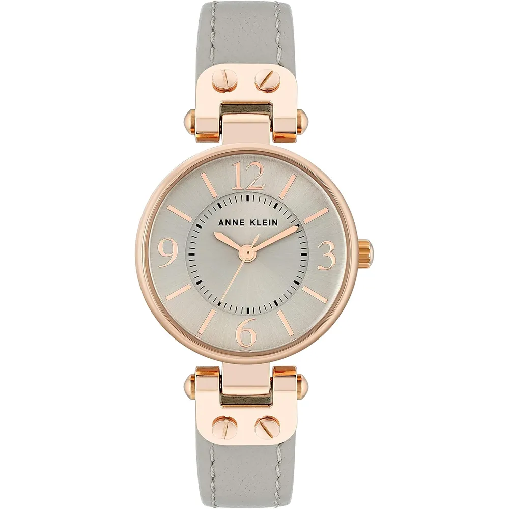 Anne Klein 109442CHHY reloj para mujer con correa de cuero | 45 mm - Gris pardo/oro rosa.