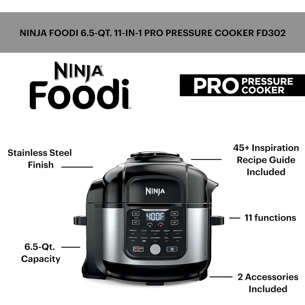 NINJA OLLA A PRESIÓN Y FREIDORA FOODI FD302 6.5 QT / 6.15 L | PLATEADO/NEGRO