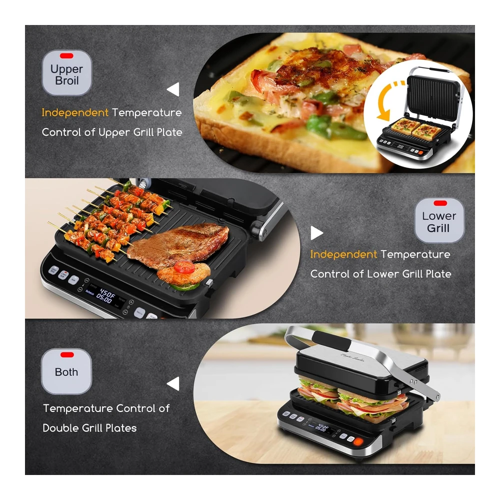 b08zmrfptt_2.webp TAYLOR SWODEN - SANDWICHERA DE PRENSA PANINI 10 EN 1 - PARRILLA ELÉCTRICA PARA INTERIORES DE 1600 W CON PLACAS ANTIADHERENTES DE DOBLE CARA - PANTALLA TÁCTIL LED - CONTROL DE TEMPERATURA INDEPENDIENTE - SE ABRE A 180 GRADOS - ACERO INOXIDABLE