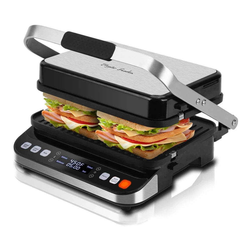 TAYLOR SWODEN - SANDWICHERA DE PRENSA PANINI 10 EN 1 - PARRILLA ELÉCTRICA PARA INTERIORES DE 1600 W CON PLACAS ANTIADHERENTES DE DOBLE CARA - PANTALLA TÁCTIL LED - CONTROL DE TEMPERATURA INDEPENDIENTE - SE ABRE A 180 GRADOS - ACERO INOXIDABLE