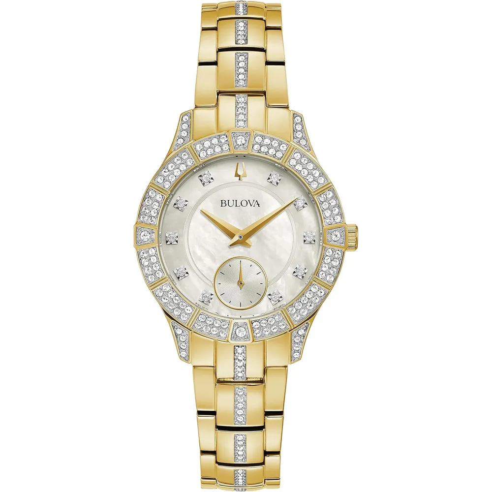 Bulova reloj Crystal Phantom mujer cuarzo 3 agujas segundero pequeño nácar | Oro/Plata