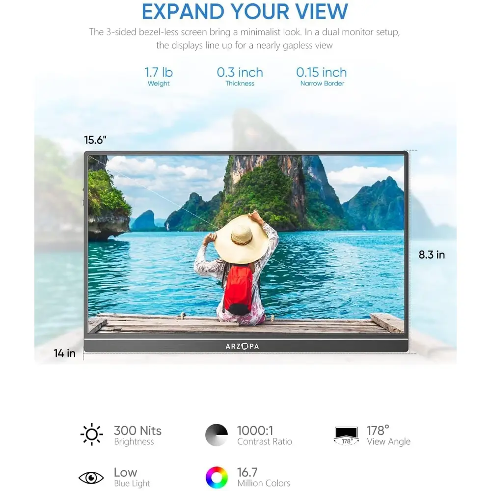 MONITOR PORTÁTIL 15.6" FHD 1080P S1 TABLE ARZOPA – HDR, EYE-CARE, USB-C & HDMI | BLACK