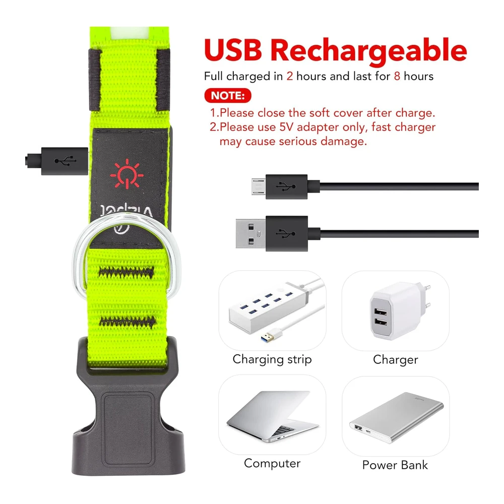 Vizpet Collar para Perro con Luz Led - Ajustable - Recargable Por USB - Superbrillante - Luz de Seguridad Brillante para Perros (M - Verde)