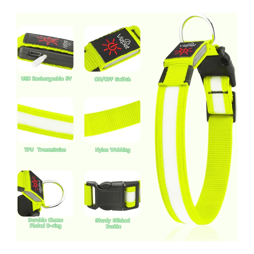 Vizpet Collar para Perro con Luz Led - Ajustable - Recargable Por USB - Superbrillante - Luz de Seguridad Brillante para Perros (M - Verde)