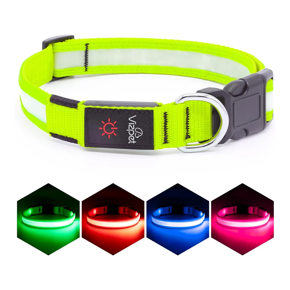 Vizpet Collar para Perro con Luz Led - Ajustable - Recargable Por USB - Superbrillante - Luz de Seguridad Brillante para Perros (M - Verde)