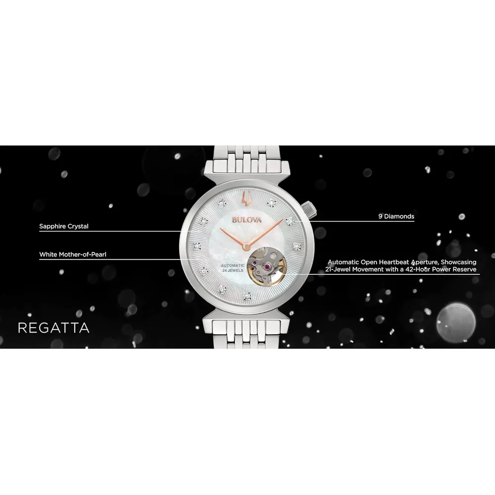 Bulova reloj Regatta Diamond mujer automático apertura abierta nácar | Plateado
