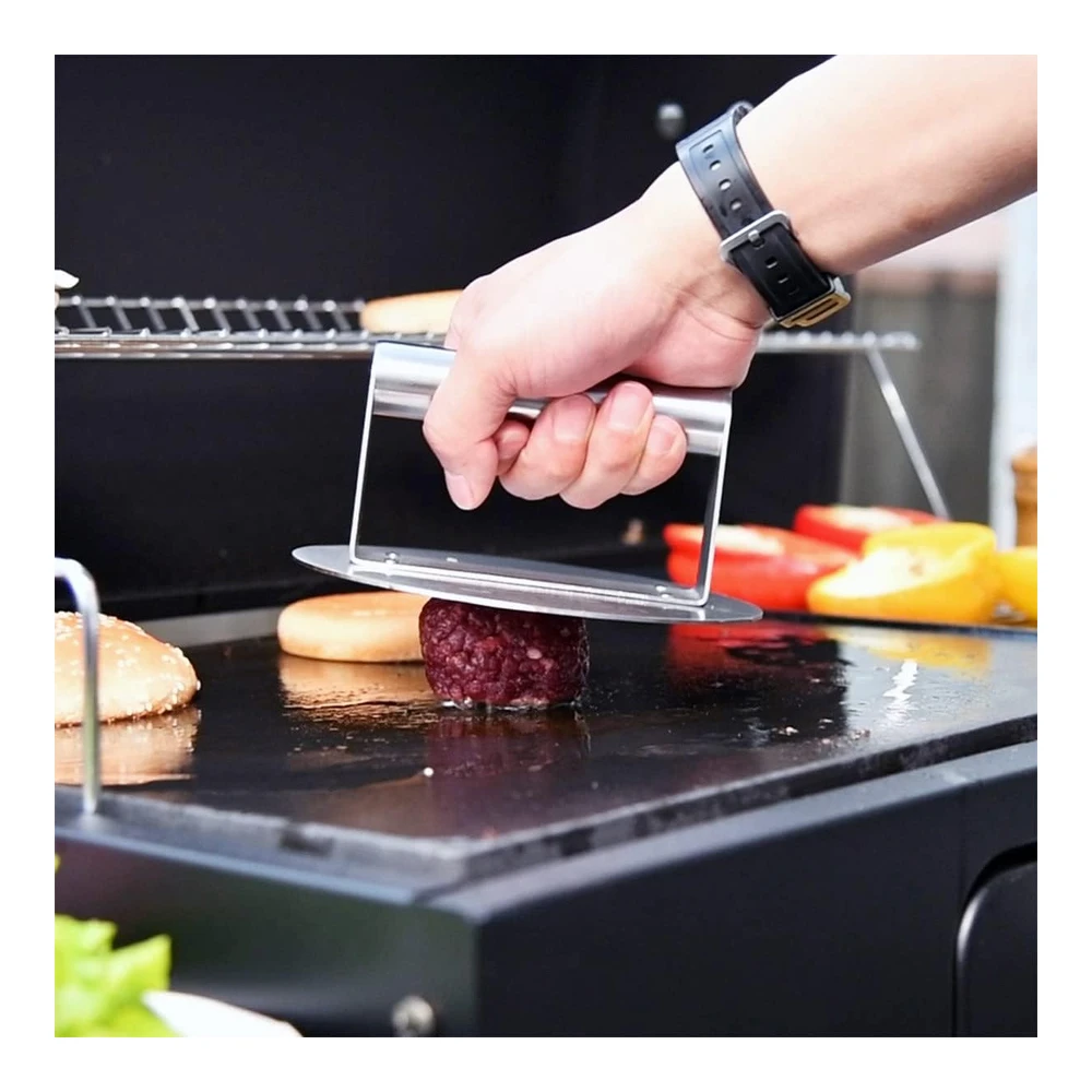 Hulisen Prensa de Hamburguesas de Acero Inoxidable - Trituradora de Hamburguesas Redonda de 6.2" - Kit de Accesorios Profesionales para Plancha - Prensa de Parrilla Perfecta para Cocinar En La Parrilla de La Parrilla de La Parte Superior Plana
