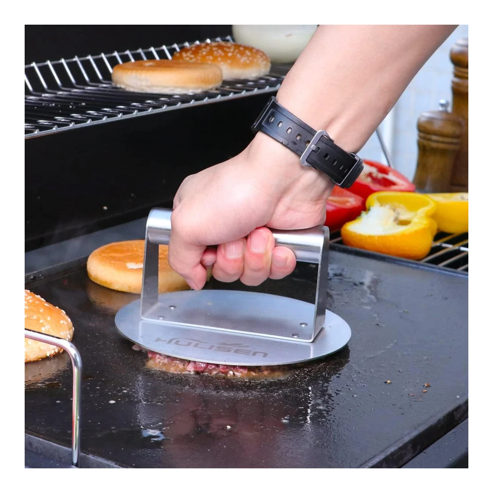Hulisen Prensa de Hamburguesas de Acero Inoxidable - Trituradora de Hamburguesas Redonda de 6.2" - Kit de Accesorios Profesionales para Plancha - Prensa de Parrilla Perfecta para Cocinar En La Parrilla de La Parrilla de La Parte Superior Plana
