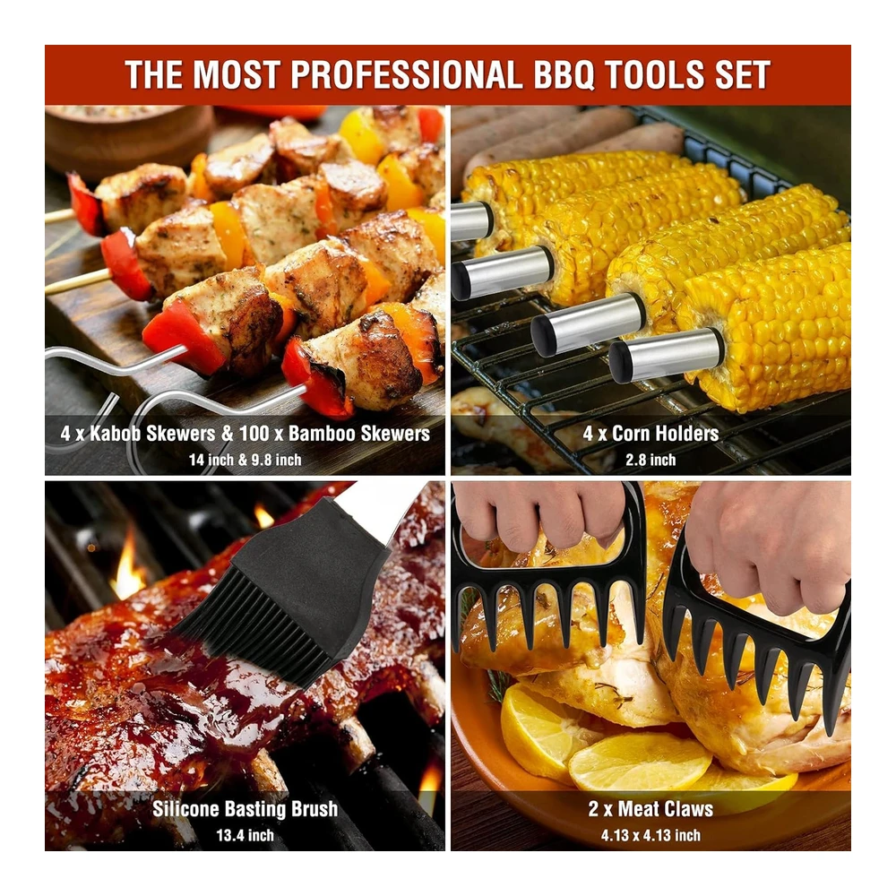Herramientas para Parrilla - Accesorios para Barbacoa - Accesorios para Parrilla - Juego de Parrilla para Parrilla Al Aire Libre - Utensilios de Parrilla de Acero Inoxidable - Kit de Parrilla - 122 Piezas - Regalos para Hombres y Mujeres - Navidad