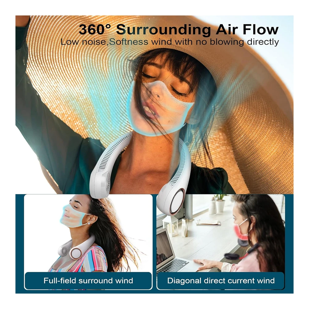 CIVPOWER VENTILADOR PORTÁTIL PARA CUELLO - VENTILADOR SIN CUCHILLAS - VENTILADOR PERSONAL DE REFRIGERACIÓN DE 360 ° - AJUSTE DE 3 VELOCIDADES - 78 SALIDAS DE AIRE - DISEÑO DE AURICULARES - RECARGABLE - VENTILADOR DE CUELLO ALIMENTADO POR USB PARA EXTERIORES - INTERIOR Y BLANCO