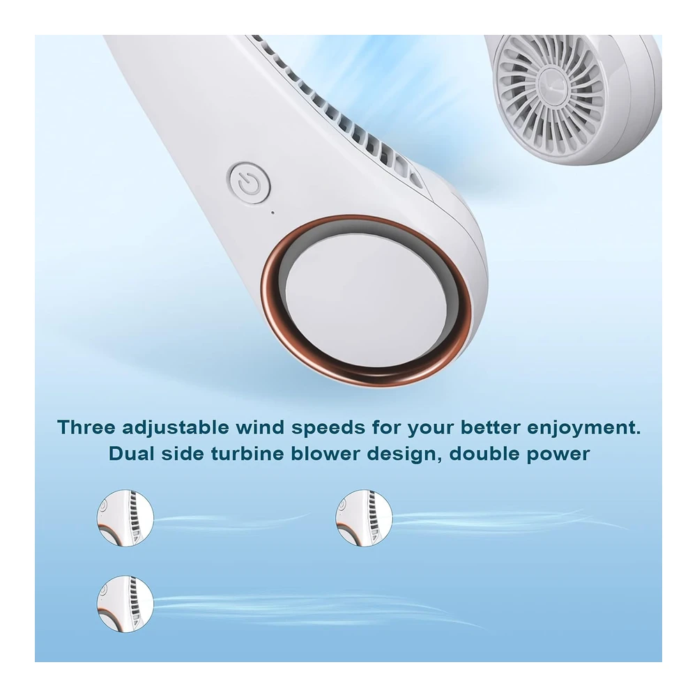 CIVPOWER VENTILADOR PORTÁTIL PARA CUELLO - VENTILADOR SIN CUCHILLAS - VENTILADOR PERSONAL DE REFRIGERACIÓN DE 360 ° - AJUSTE DE 3 VELOCIDADES - 78 SALIDAS DE AIRE - DISEÑO DE AURICULARES - RECARGABLE - VENTILADOR DE CUELLO ALIMENTADO POR USB PARA EXTERIORES - INTERIOR Y BLANCO