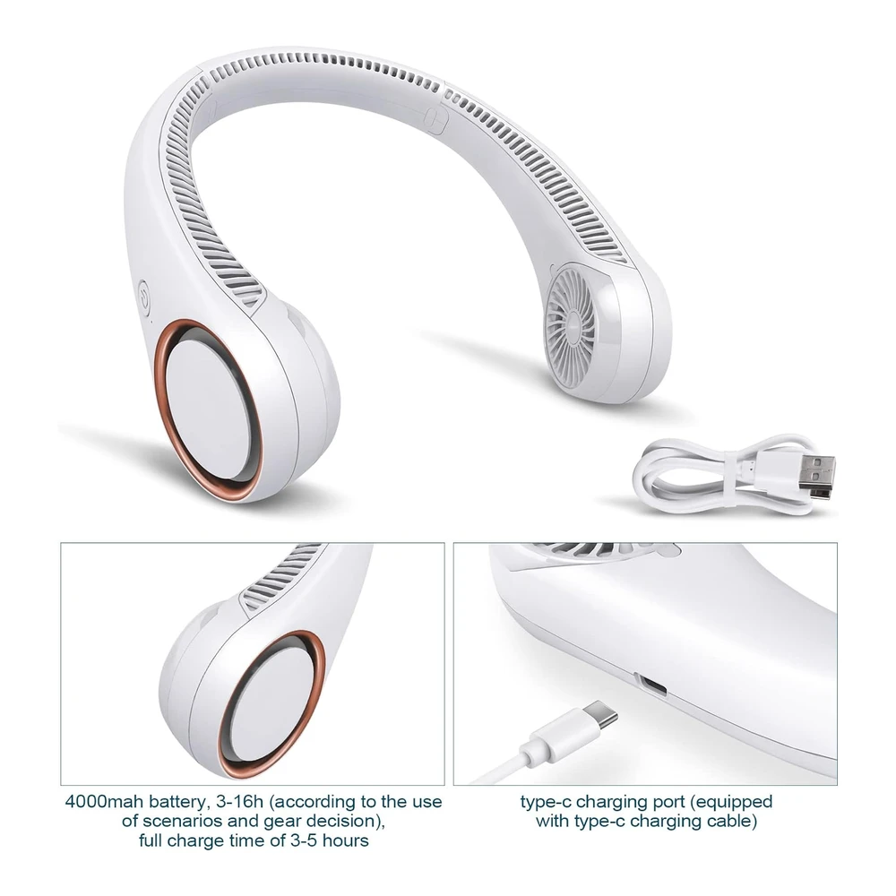 CIVPOWER VENTILADOR PORTÁTIL PARA CUELLO - VENTILADOR SIN CUCHILLAS - VENTILADOR PERSONAL DE REFRIGERACIÓN DE 360 ° - AJUSTE DE 3 VELOCIDADES - 78 SALIDAS DE AIRE - DISEÑO DE AURICULARES - RECARGABLE - VENTILADOR DE CUELLO ALIMENTADO POR USB PARA EXTERIORES - INTERIOR Y BLANCO