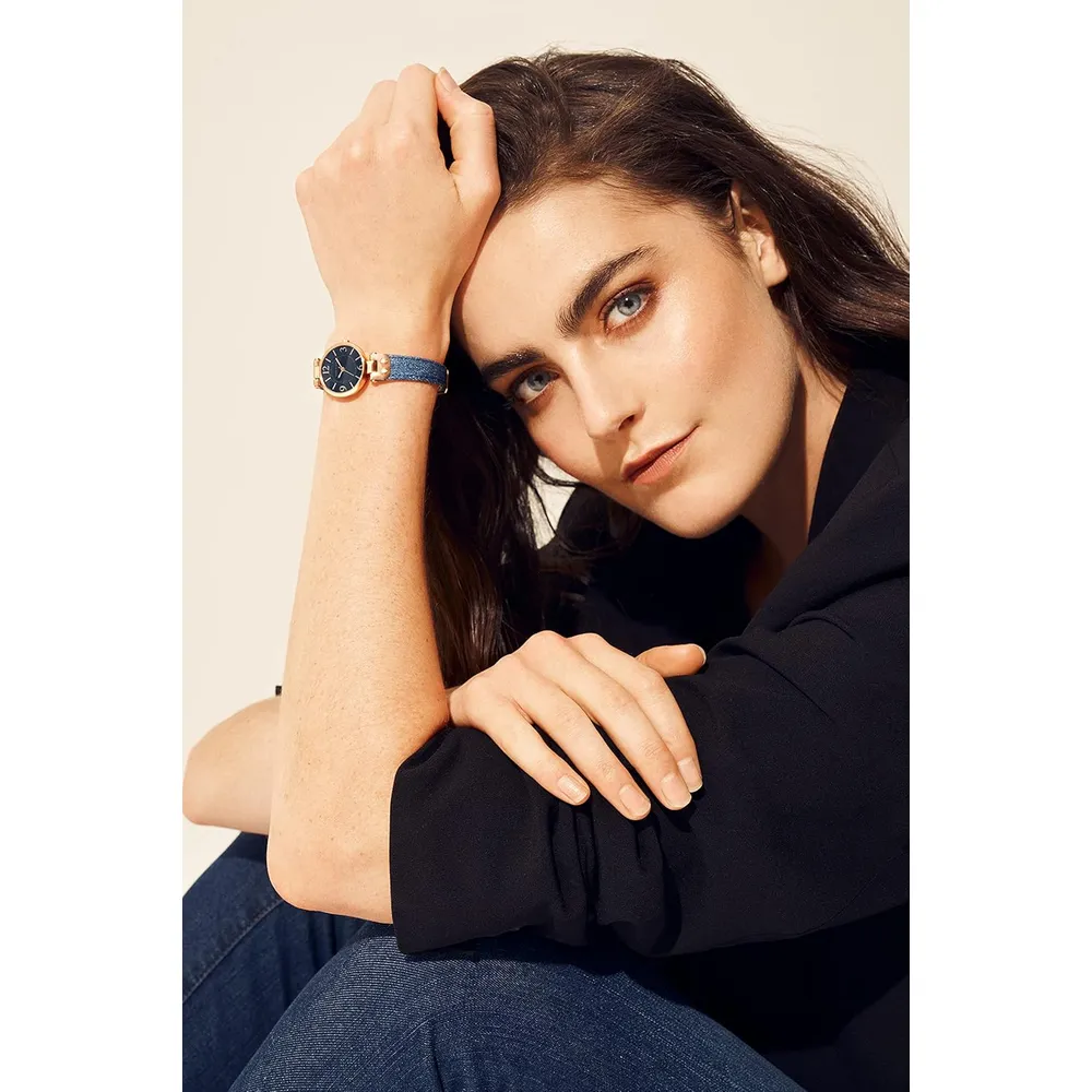 Anne Klein 109442CHHY reloj para mujer con correa de cuero | 45 mm - Azul mezclilla/oro rosa