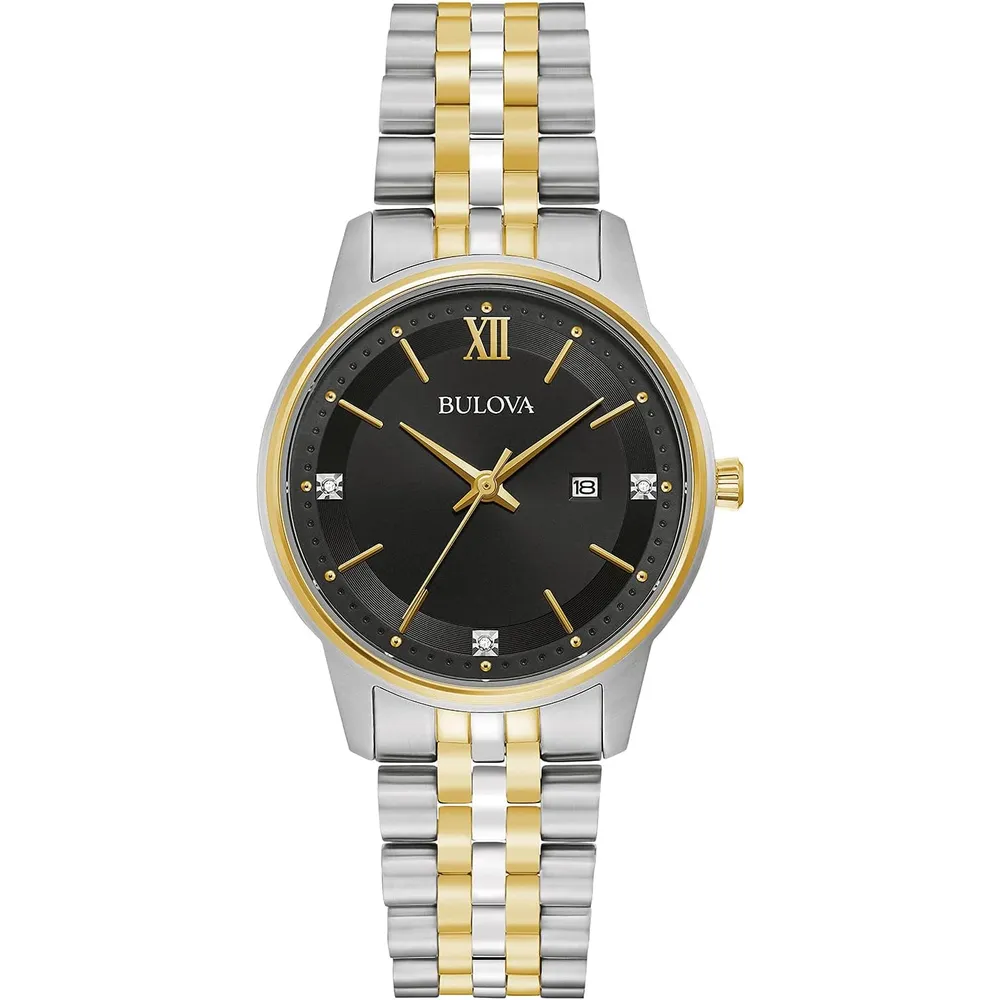 Bulova reloj clásico mujer cuarzo diamantes acero 3 agujas calendario fecha | Oro/Plata