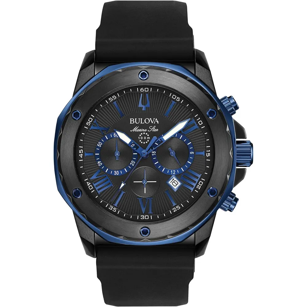 Bulova reloj Marine Star hombre cronógrafo cuarzo 6 agujas silicona negro | Negro/Azul