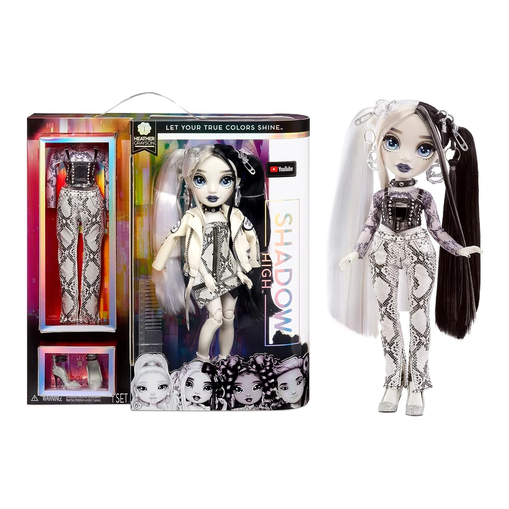 Rainbow High Shadow Series 1 Heather Grayson - Muñeca En Escala de Grises. 2 Trajes de Diseñador Grises para Mezclar y Combinar