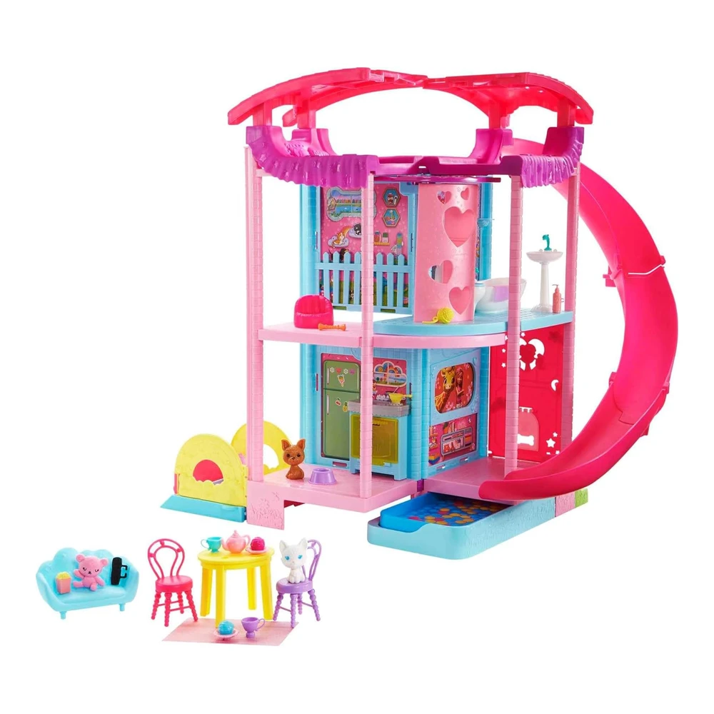 Barbie Casa de Muñecas - Casa de Juegos Chelsea con 2 Mascotas, Muebles y Accesorios, Ascensor, Piscina, Tobogán, Pozo de Pelotas y Más