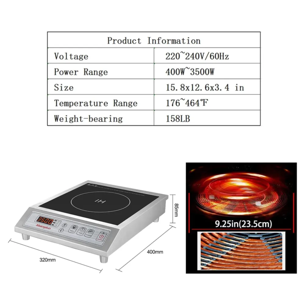 COCINA DE INDUCCIÓN COMERCIAL 3500W/220V, CALEFACCIÓN UNIFORME Y BAJA POTENCIA