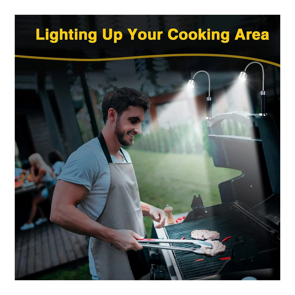 Luz para Parrilla de Barbacoa - Accesorios para Parrilla de Barbacoa para Exteriores con Base Magnética - Rellenos de Calcetines - Regalos para Hombres - Cuello Flexible de 360 Grados - Resistente Al Agua y Al Calor - Baterías Incluidas - Paquete de 2