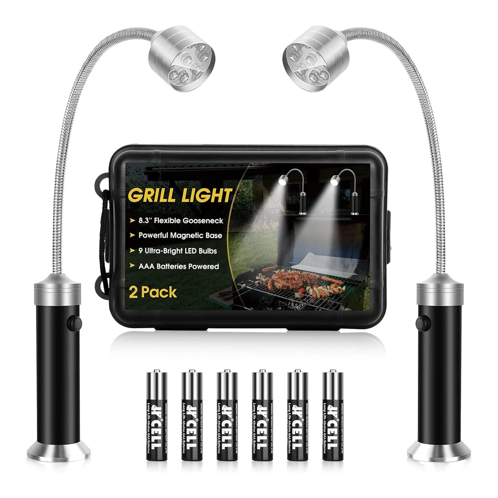 Luz para Parrilla de Barbacoa - Accesorios para Parrilla de Barbacoa para Exteriores con Base Magnética - Rellenos de Calcetines - Regalos para Hombres - Cuello Flexible de 360 Grados - Resistente Al Agua y Al Calor - Baterías Incluidas - Paquete de 2