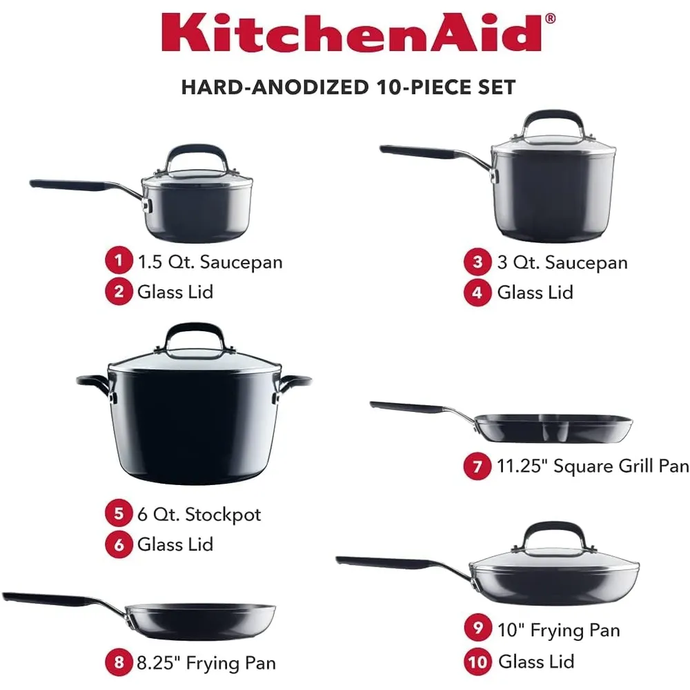 KitchenAid juego de ollas 10 pzas, anodizadas duras antiadherentes | Negro ónix