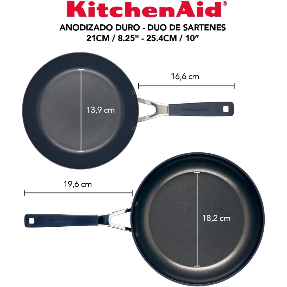 KitchenAid juego de sartenes 21 y 25 cm, anodizadas duras | Negro