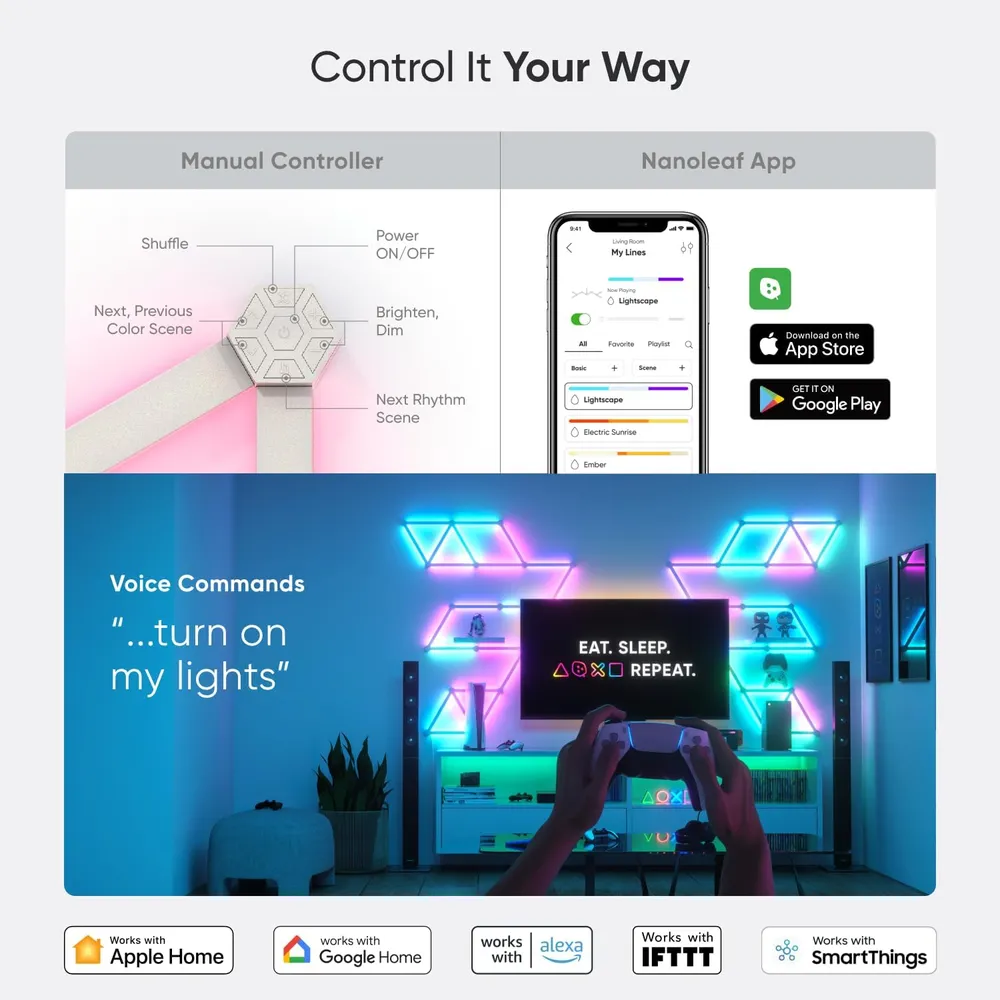 Nanoleaf Lines Luces LED de Pared Inteligentes RGBW WiFi Pack Expansión 3Barras