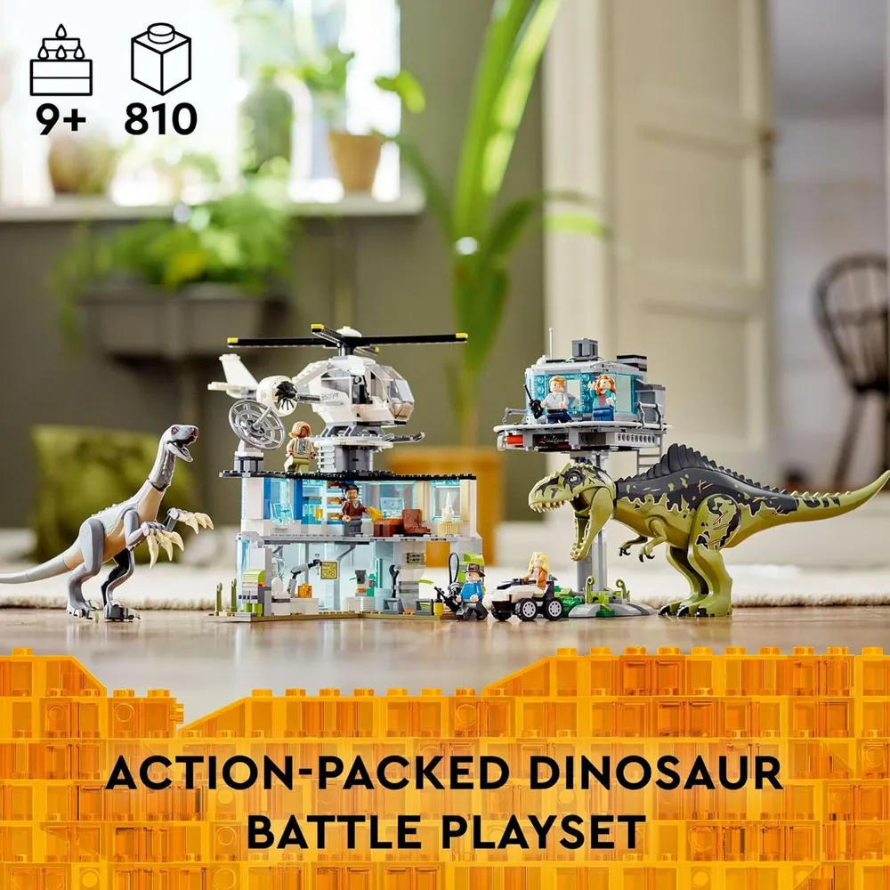 Lego Jurassic World ataque de Giganotosaurus y Therizinosaurus con figuras