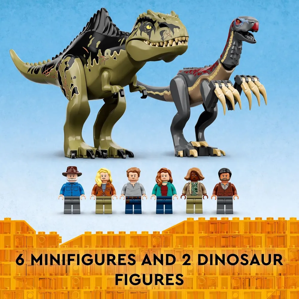 Lego Jurassic World ataque de Giganotosaurus y Therizinosaurus con figuras