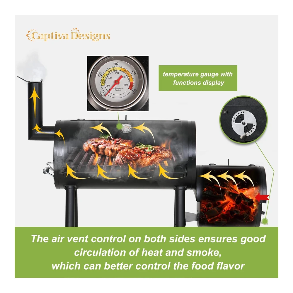 b09n92yrpf_2.webp Captiva Designs Parrilla de Carbón con Ahumador Offset - Ahumador de Acero Hecho de Metal - Área de Cocción de 512" Cuadradas - El Mejor Combo para Jardín Al Aire Libre - Patio y Cocina En El Patio Trasero